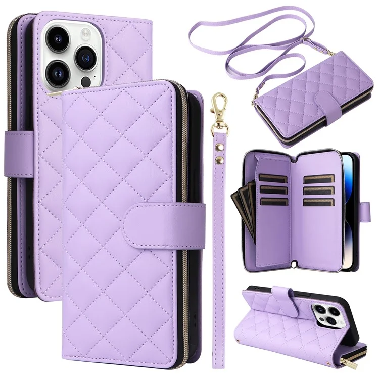 For iPhone 14 Pro Wallet Case PU Leather Rhombus Stand Phone Cover Mobile Accessories Wholesale - Purple