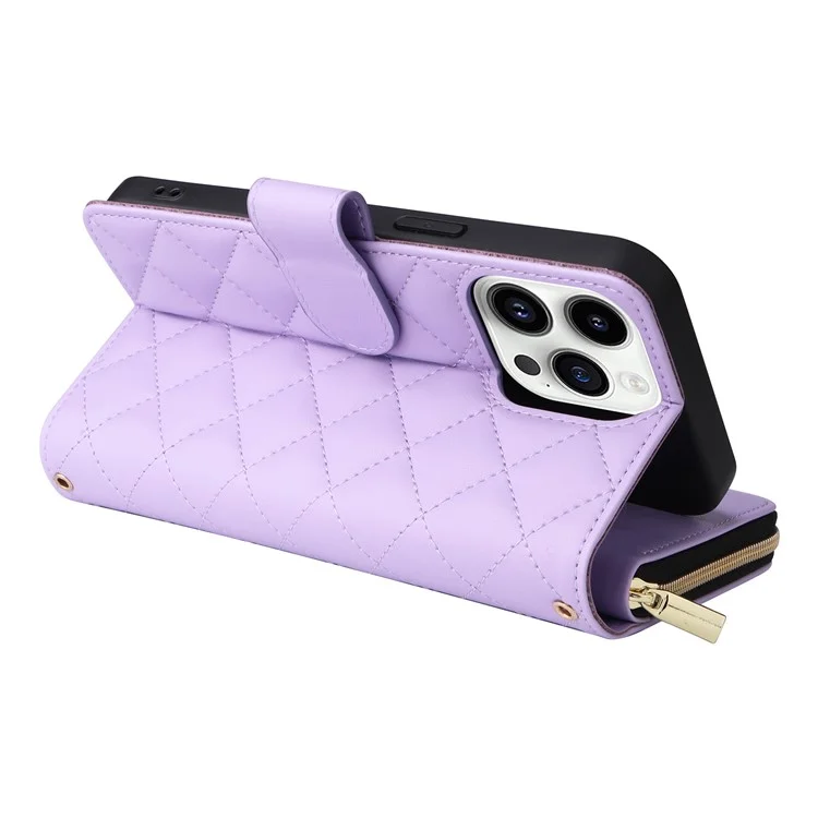 For iPhone 14 Pro Wallet Case PU Leather Rhombus Stand Phone Cover Mobile Accessories Wholesale - Purple