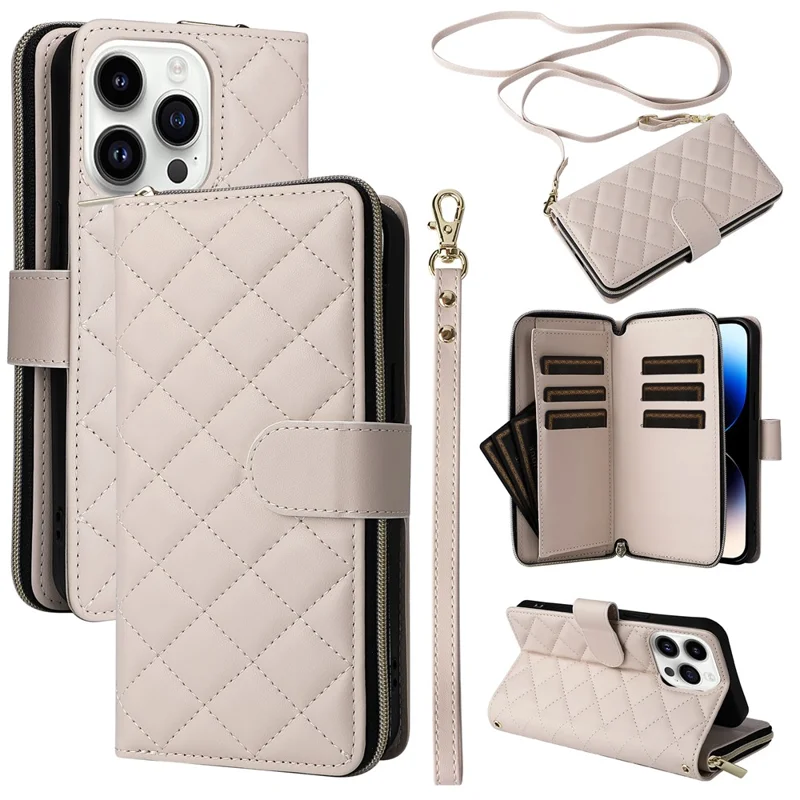 For iPhone 14 Pro Wallet Case PU Leather Rhombus Stand Phone Cover Mobile Accessories Wholesale - Beige