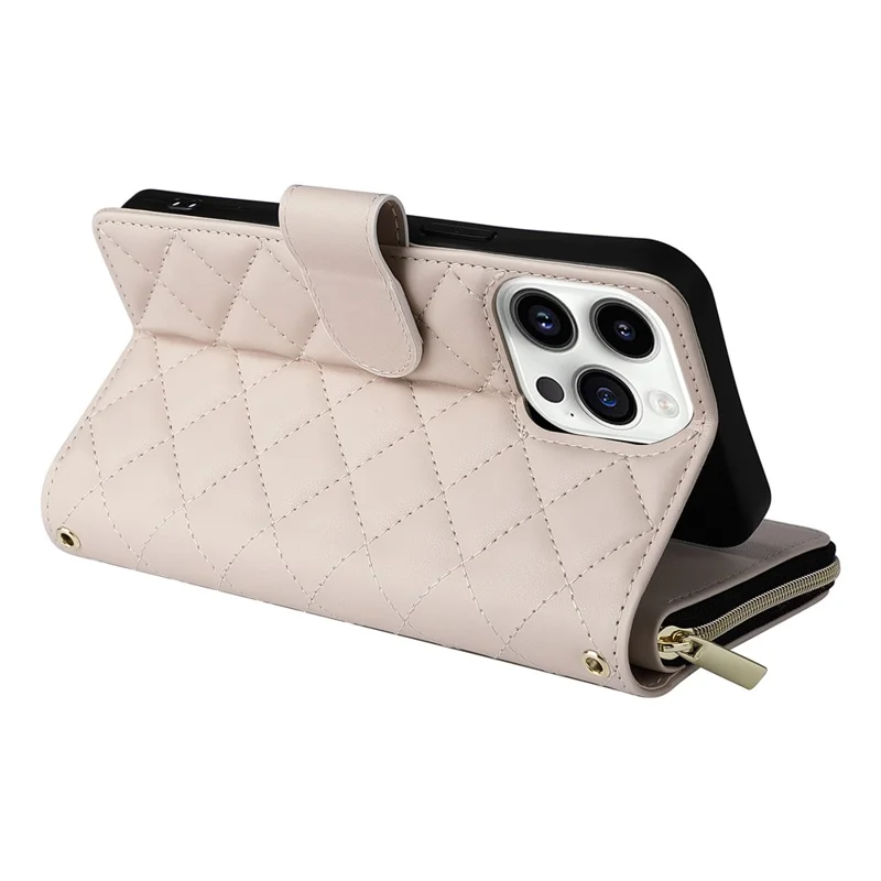 For iPhone 14 Pro Wallet Case PU Leather Rhombus Stand Phone Cover Mobile Accessories Wholesale - Beige