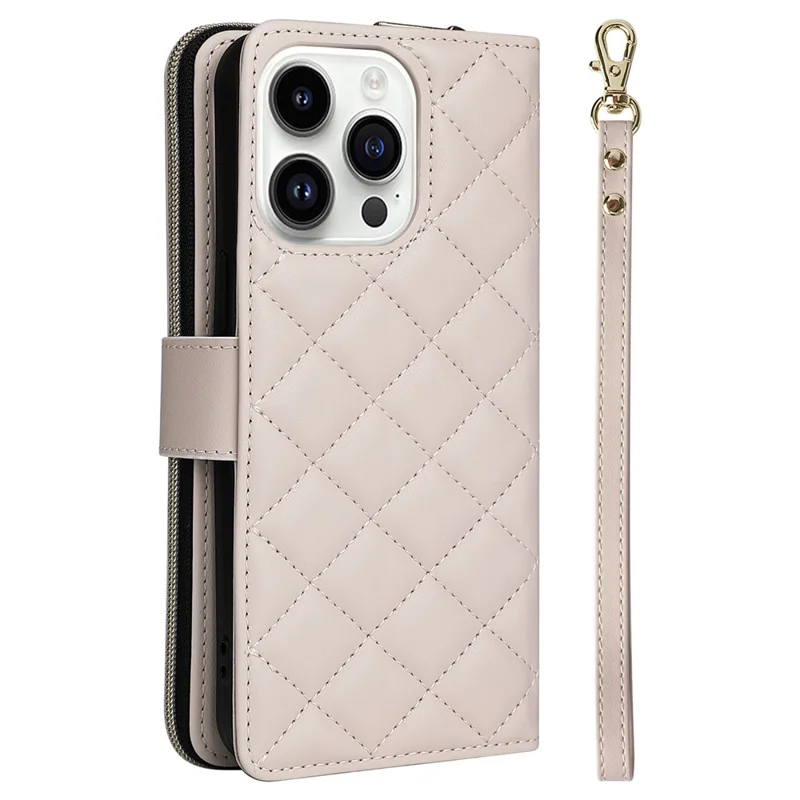 For iPhone 14 Pro Wallet Case PU Leather Rhombus Stand Phone Cover Mobile Accessories Wholesale - Beige