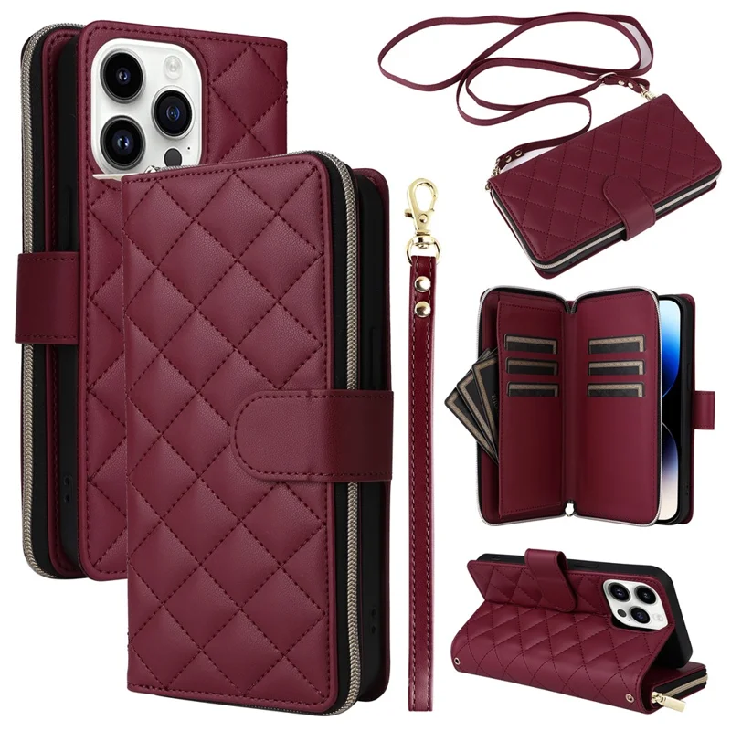 For iPhone 14 Pro Wallet Case PU Leather Rhombus Stand Phone Cover Mobile Accessories Wholesale - Wine Red
