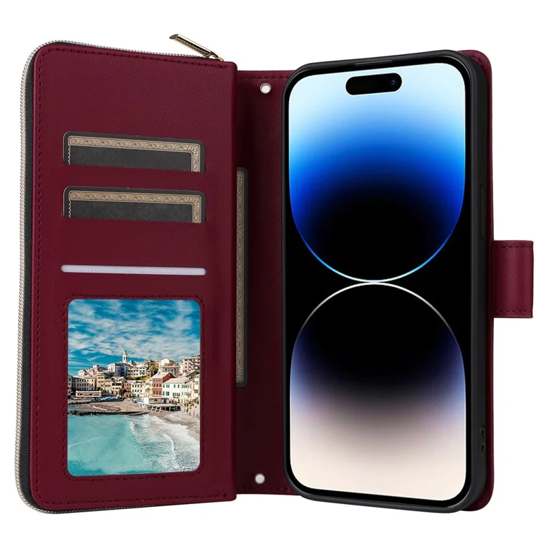 For iPhone 14 Pro Wallet Case PU Leather Rhombus Stand Phone Cover Mobile Accessories Wholesale - Wine Red