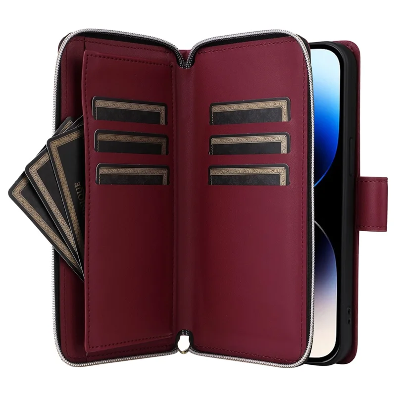 For iPhone 14 Pro Wallet Case PU Leather Rhombus Stand Phone Cover Mobile Accessories Wholesale - Wine Red