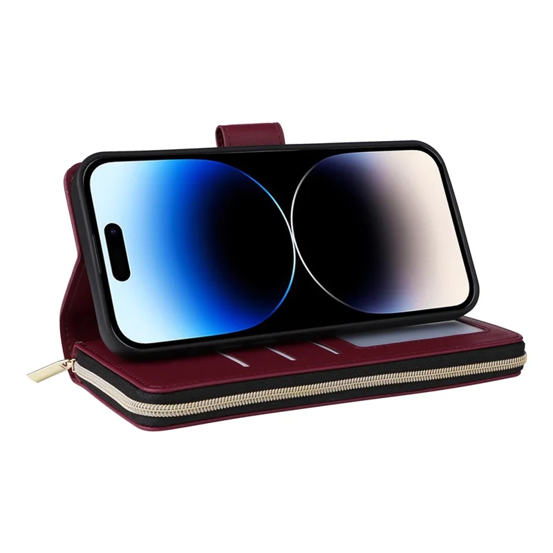 For iPhone 14 Pro Wallet Case PU Leather Rhombus Stand Phone Cover Mobile Accessories Wholesale - Wine Red
