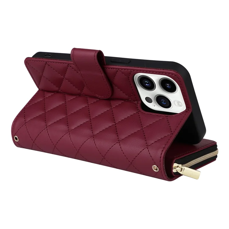 For iPhone 14 Pro Wallet Case PU Leather Rhombus Stand Phone Cover Mobile Accessories Wholesale - Wine Red