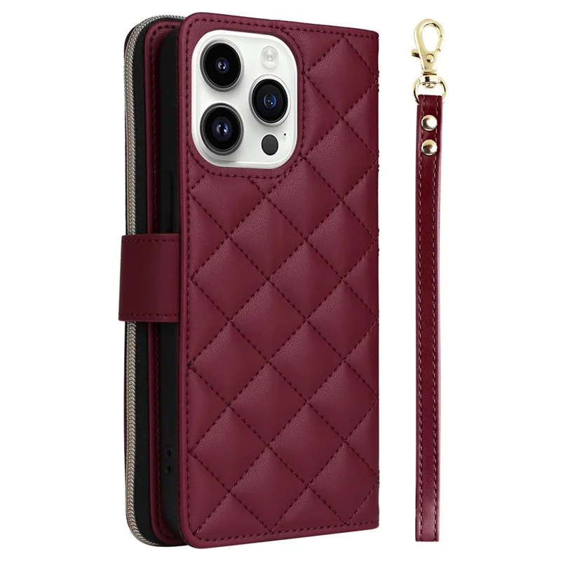 For iPhone 14 Pro Wallet Case PU Leather Rhombus Stand Phone Cover Mobile Accessories Wholesale - Wine Red