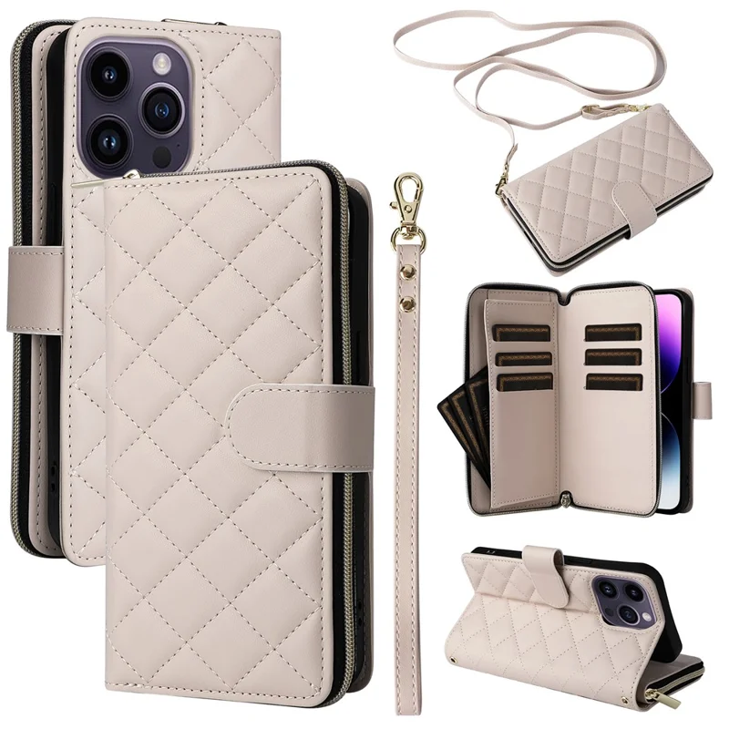 For iPhone 14 Pro Max Case Rhombus Wallet Purse PU Leather Phone Cover with Shoulder Strap - Beige