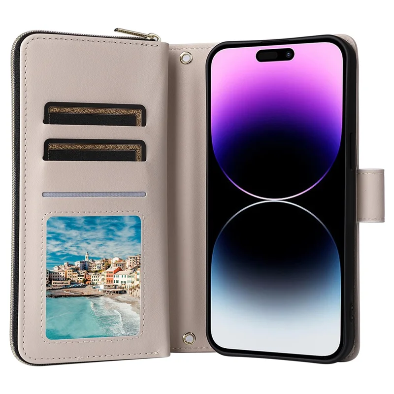 For iPhone 14 Pro Max Case Rhombus Wallet Purse PU Leather Phone Cover with Shoulder Strap - Beige