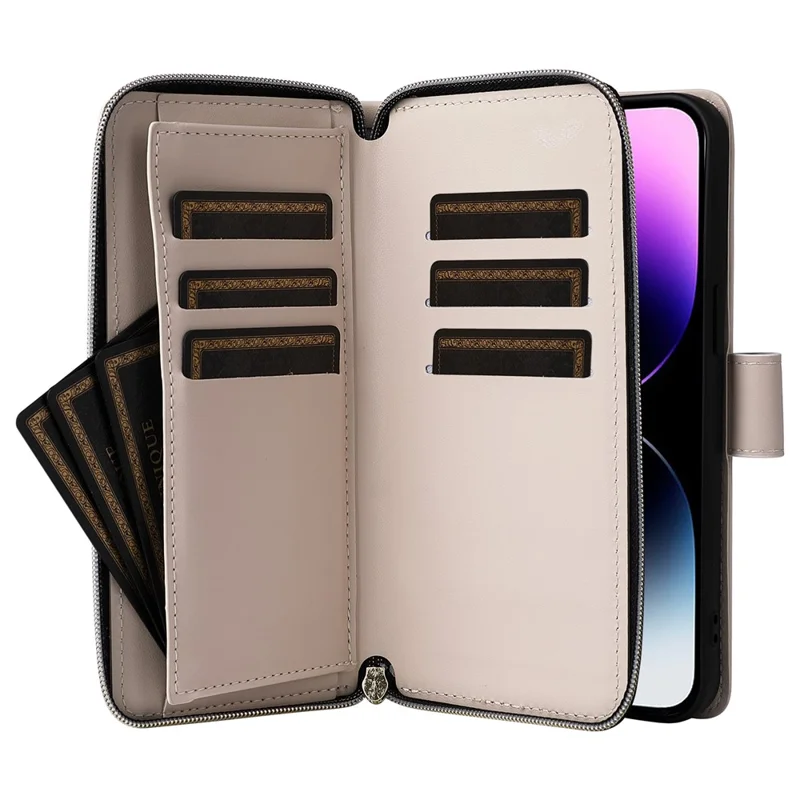 For iPhone 14 Pro Max Case Rhombus Wallet Purse PU Leather Phone Cover with Shoulder Strap - Beige