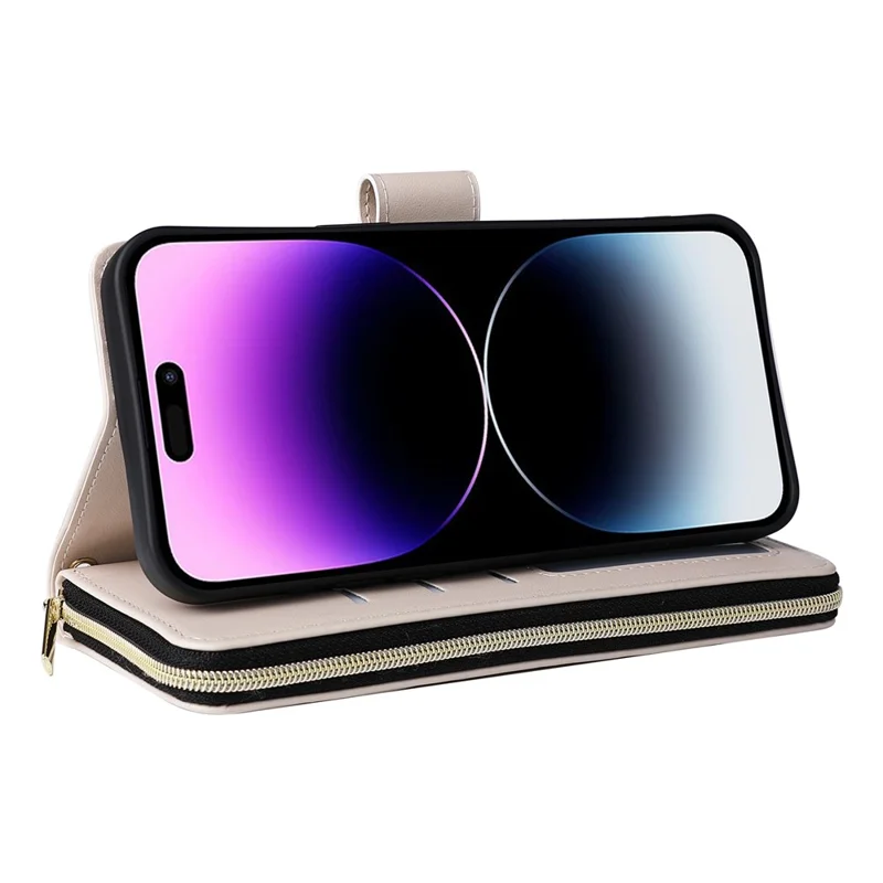 For iPhone 14 Pro Max Case Rhombus Wallet Purse PU Leather Phone Cover with Shoulder Strap - Beige