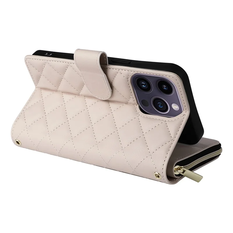 For iPhone 14 Pro Max Case Rhombus Wallet Purse PU Leather Phone Cover with Shoulder Strap - Beige