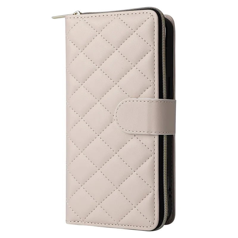 For iPhone 14 Pro Max Case Rhombus Wallet Purse PU Leather Phone Cover with Shoulder Strap - Beige