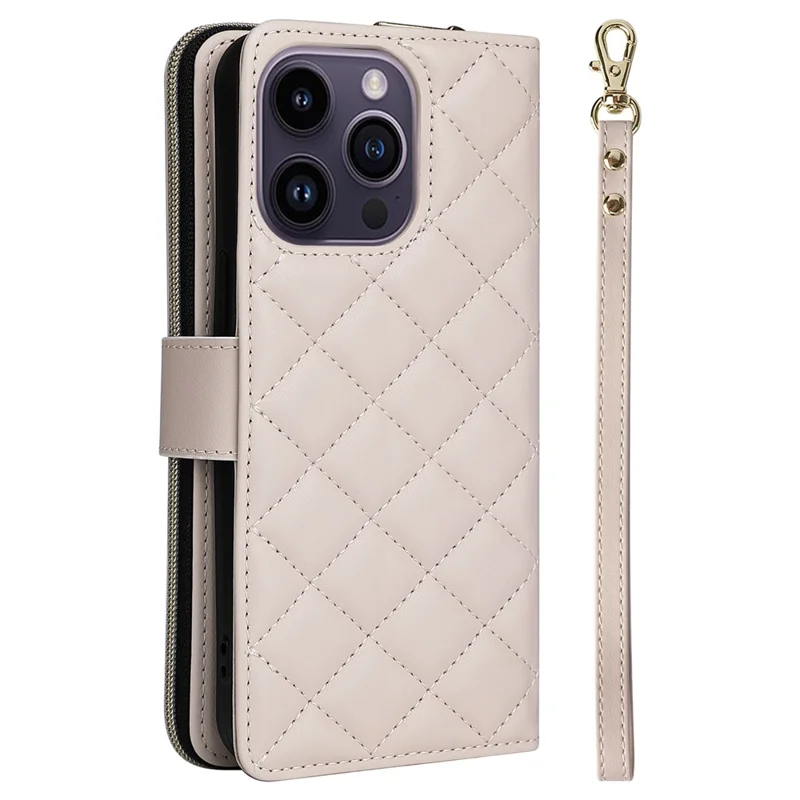 For iPhone 14 Pro Max Case Rhombus Wallet Purse PU Leather Phone Cover with Shoulder Strap - Beige