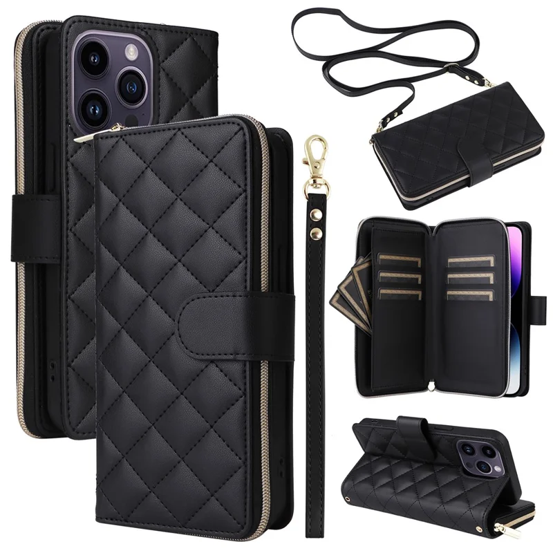 For iPhone 14 Pro Max Case Rhombus Wallet Purse PU Leather Phone Cover with Shoulder Strap - Black