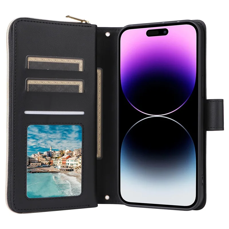 For iPhone 14 Pro Max Case Rhombus Wallet Purse PU Leather Phone Cover with Shoulder Strap - Black