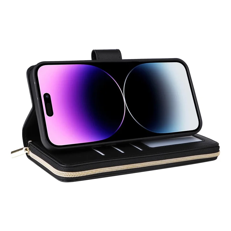 For iPhone 14 Pro Max Case Rhombus Wallet Purse PU Leather Phone Cover with Shoulder Strap - Black