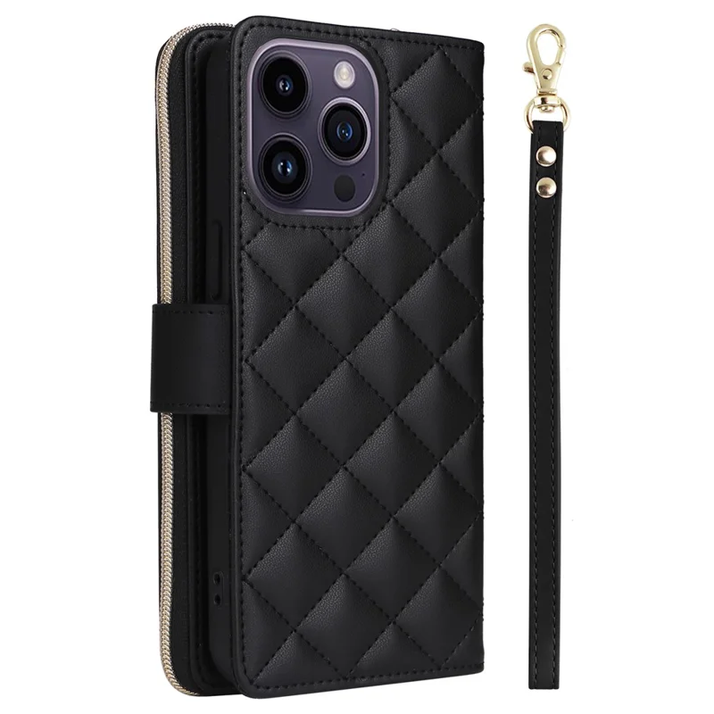 For iPhone 14 Pro Max Case Rhombus Wallet Purse PU Leather Phone Cover with Shoulder Strap - Black