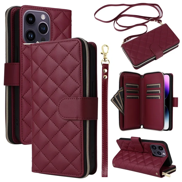 For iPhone 14 Pro Max Case Rhombus Wallet Purse PU Leather Phone Cover with Shoulder Strap - Wine Red