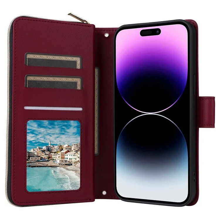 For iPhone 14 Pro Max Case Rhombus Wallet Purse PU Leather Phone Cover with Shoulder Strap - Wine Red