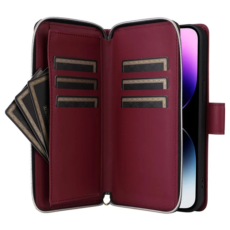 For iPhone 14 Pro Max Case Rhombus Wallet Purse PU Leather Phone Cover with Shoulder Strap - Wine Red