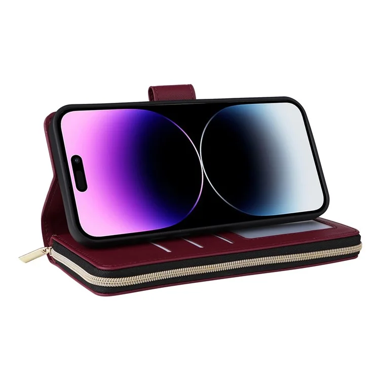 For iPhone 14 Pro Max Case Rhombus Wallet Purse PU Leather Phone Cover with Shoulder Strap - Wine Red