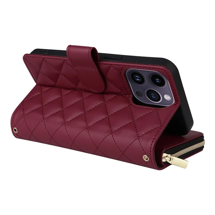 For iPhone 14 Pro Max Case Rhombus Wallet Purse PU Leather Phone Cover with Shoulder Strap - Wine Red