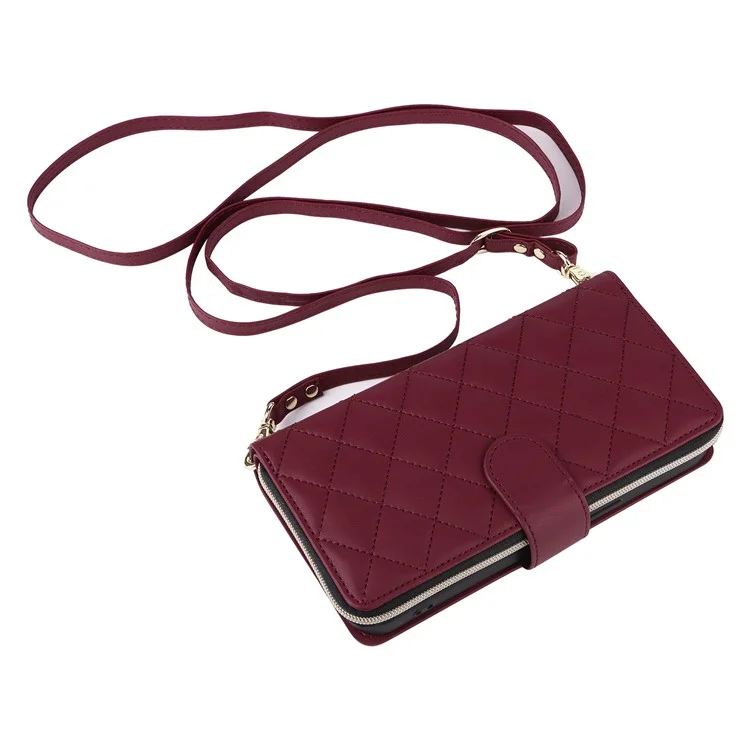 For iPhone 14 Pro Max Case Rhombus Wallet Purse PU Leather Phone Cover with Shoulder Strap - Wine Red