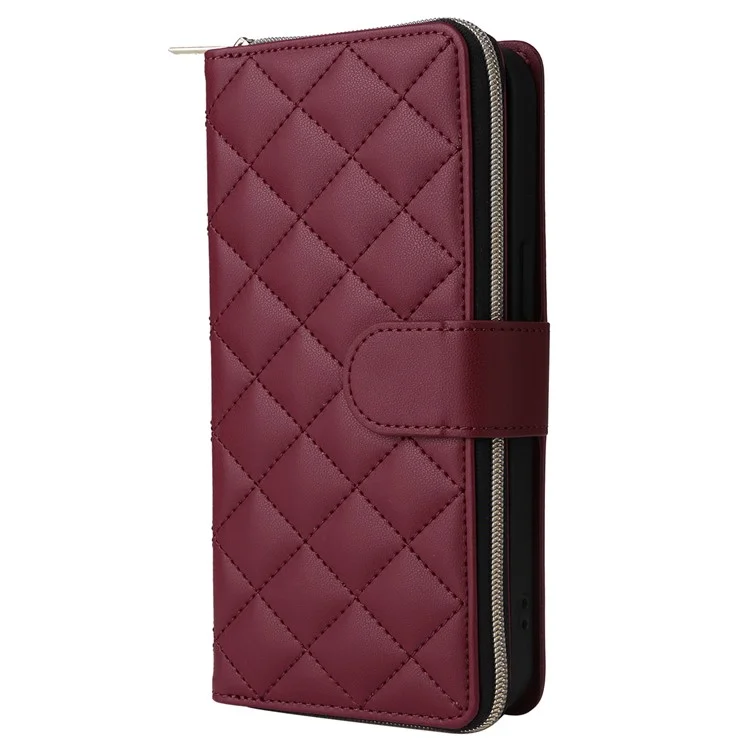 For iPhone 14 Pro Max Case Rhombus Wallet Purse PU Leather Phone Cover with Shoulder Strap - Wine Red