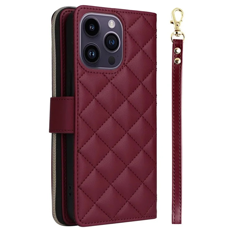 For iPhone 14 Pro Max Case Rhombus Wallet Purse PU Leather Phone Cover with Shoulder Strap - Wine Red