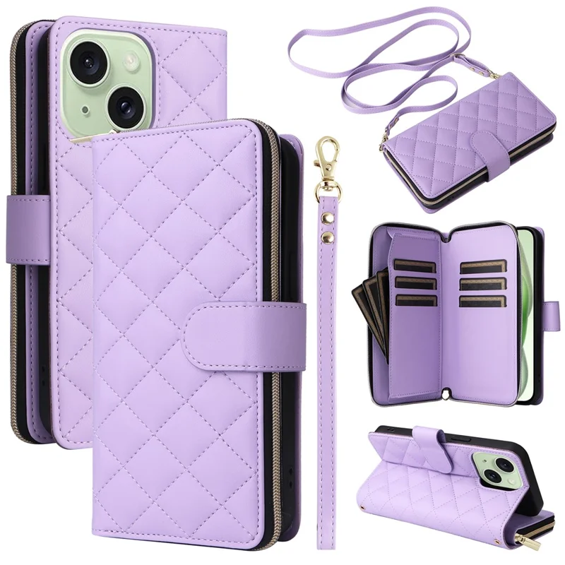 For iPhone 15 Plus / 14 Plus Case Wallet PU Leather Rhombus Stand Anti-Fall Phone Cover - Purple