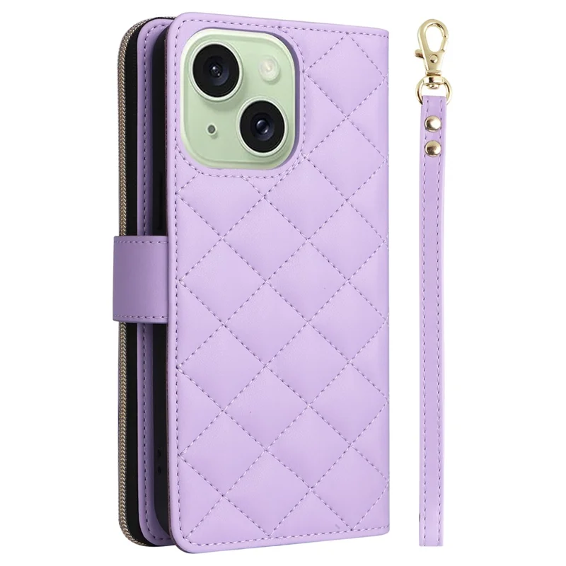 For iPhone 15 Plus / 14 Plus Case Wallet PU Leather Rhombus Stand Anti-Fall Phone Cover - Purple