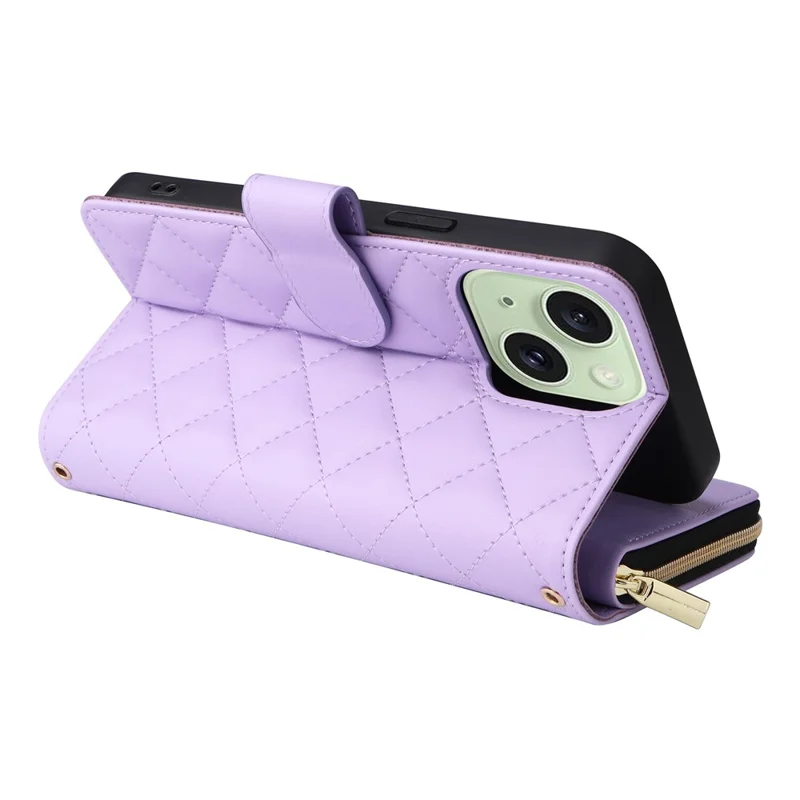 For iPhone 15 Plus / 14 Plus Case Wallet PU Leather Rhombus Stand Anti-Fall Phone Cover - Purple