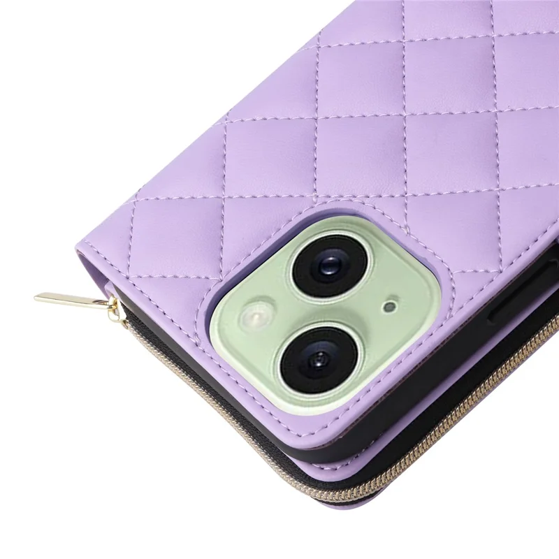 For iPhone 15 Plus / 14 Plus Case Wallet PU Leather Rhombus Stand Anti-Fall Phone Cover - Purple
