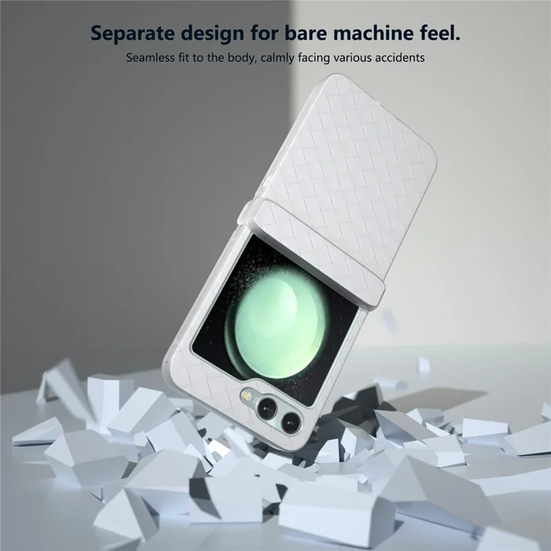 For Samsung Galaxy Z Flip5 5G Case Woven Texture Hinge Protection Leather Phone Cover - White