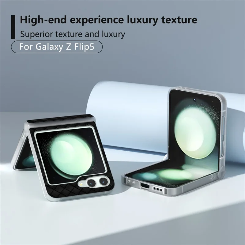 For Samsung Galaxy Z Flip5 5G Case Woven Texture Hinge Protection Leather Phone Cover - Black