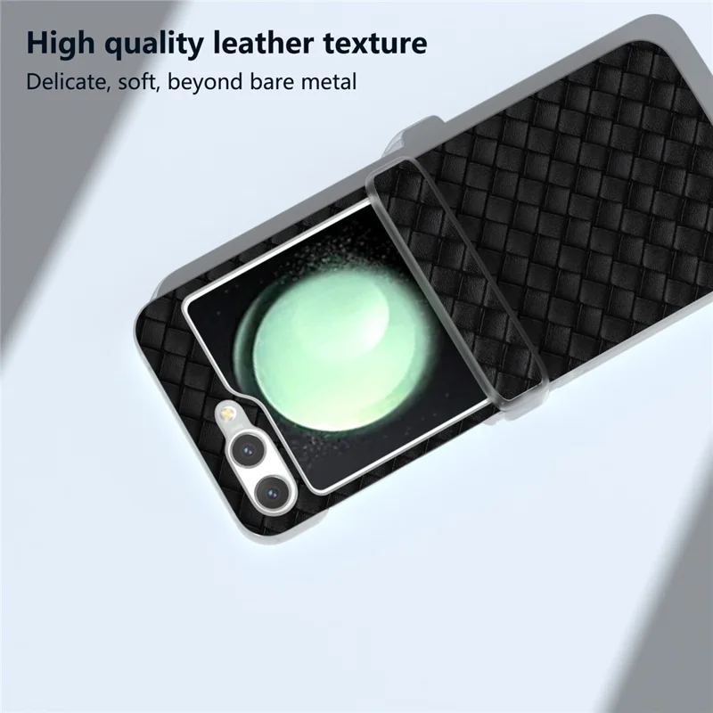 For Samsung Galaxy Z Flip5 5G Case Woven Texture Hinge Protection Leather Phone Cover - Black