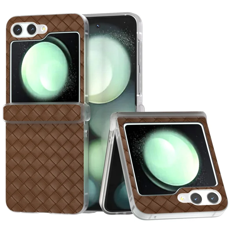 For Samsung Galaxy Z Flip5 5G Case Woven Texture Hinge Protection Leather Phone Cover - Brown