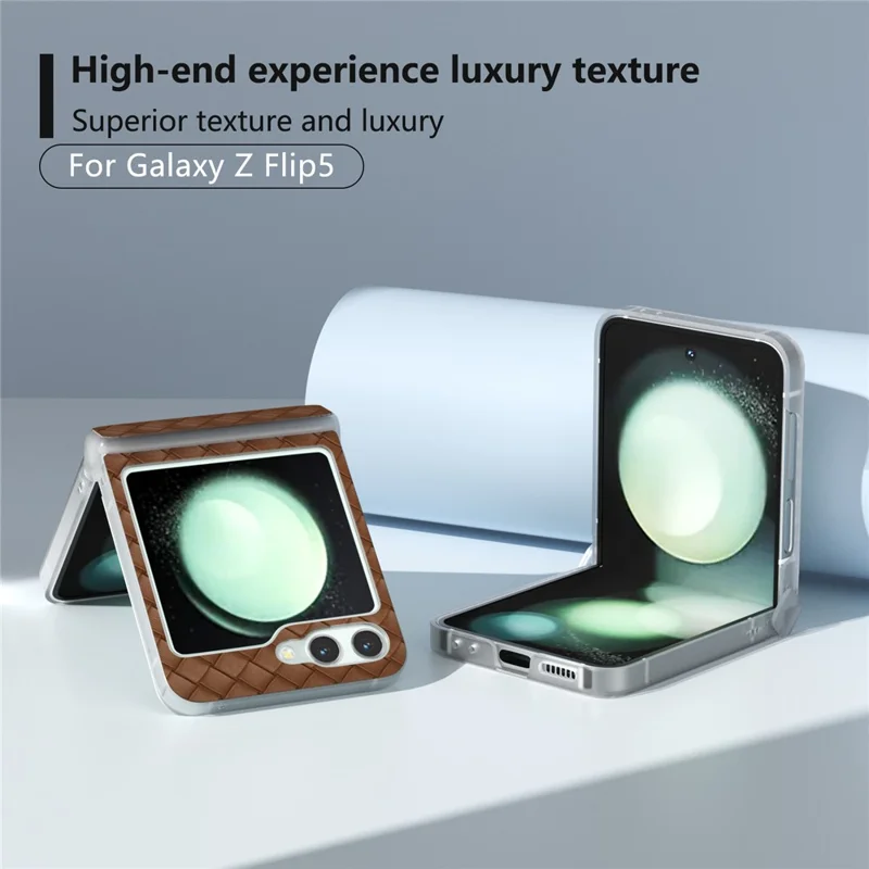 For Samsung Galaxy Z Flip5 5G Case Woven Texture Hinge Protection Leather Phone Cover - Brown