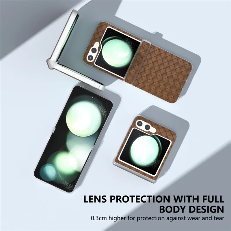 For Samsung Galaxy Z Flip5 5G Case Woven Texture Hinge Protection Leather Phone Cover - Brown