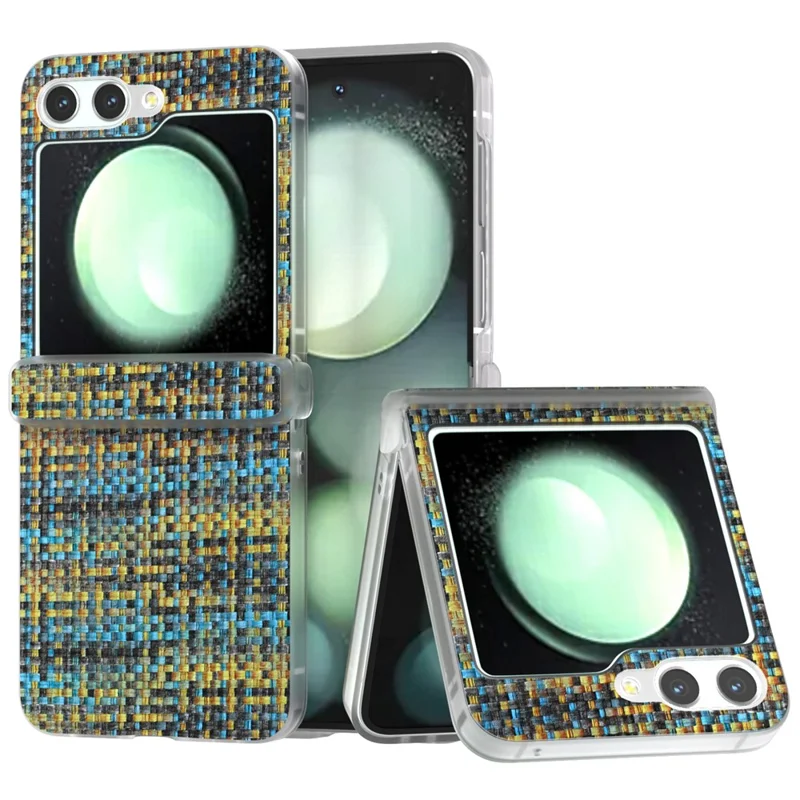 Para Samsung Galaxy Z Flip5 5G Case Colorful Plaid Texture Leather Phone Cover Matte Frame Hinge Protection - Gold