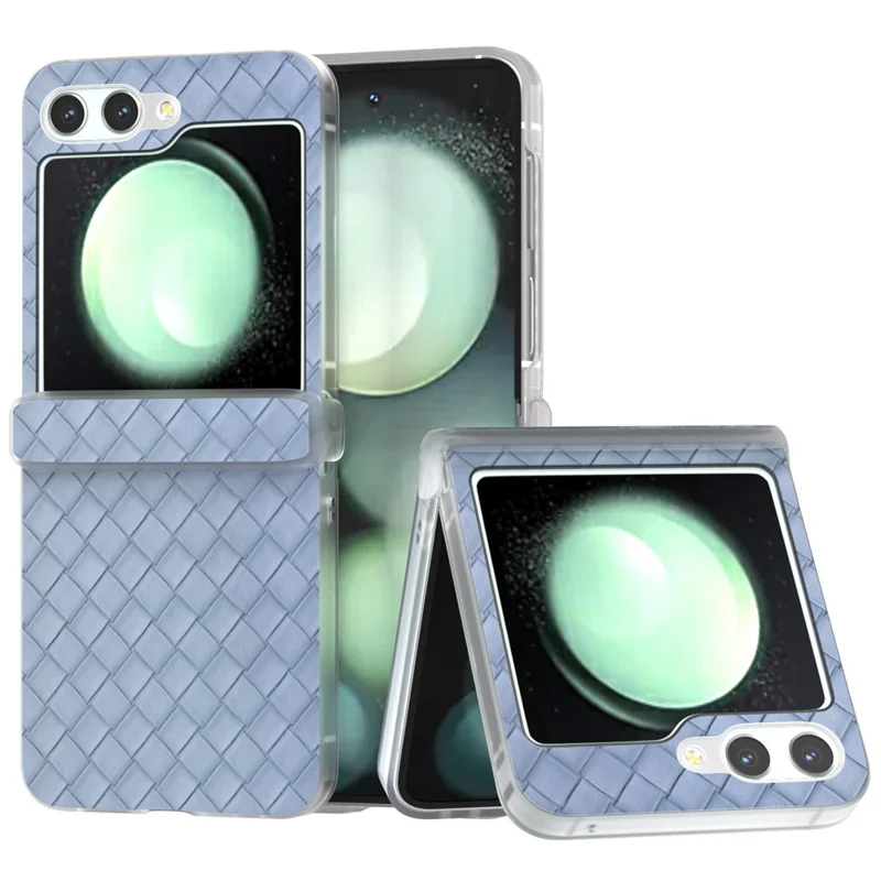 For Samsung Galaxy Z Flip7 FE 5G / Z Flip6 5G Case Woven Texture Hinge Protection Leather+PC Folding Phone Cover - Baby Blue