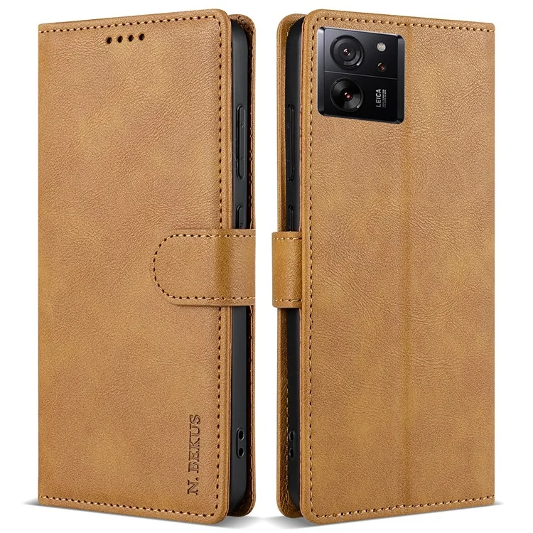 N.BEKUS CSJ-001 For Xiaomi 13T / 13T Pro Wallet Phone Case Solid Color Leather Flip Cover - Brown