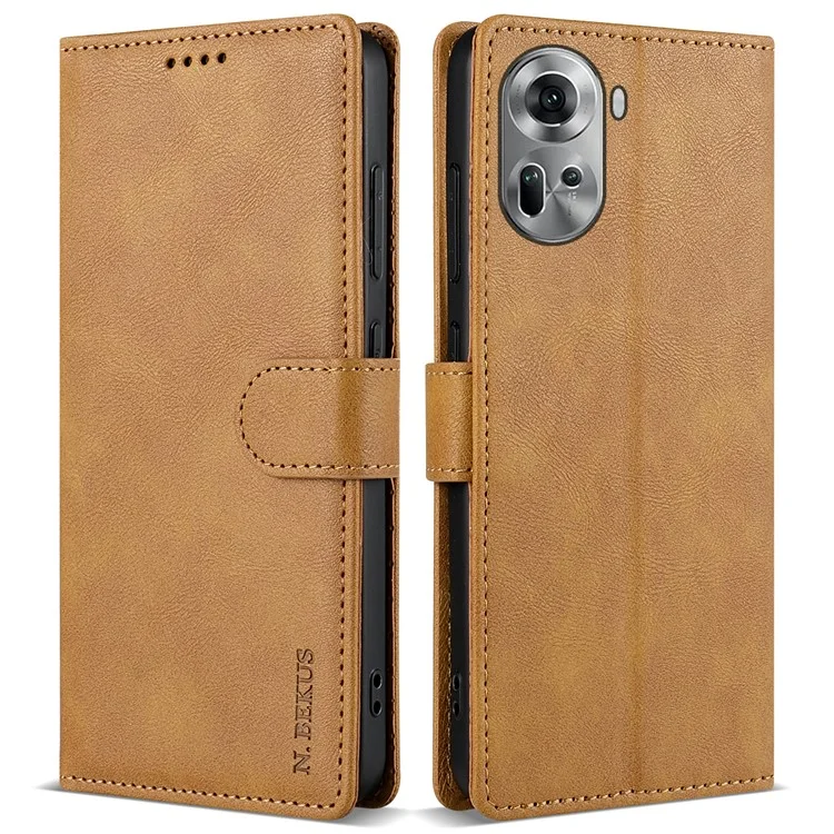 N.BEKUS CSJ-001 For Oppo Reno11 5G (Global) Leather Case Solid Color Shockproof Wallet Phone Cover - Brown