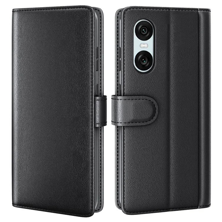 For Sony Xperia 10 VI Case Genuine Split Leather Phone Cover with Wallet Stand - Black