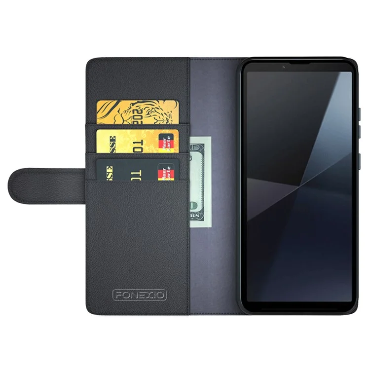 For Sony Xperia 10 VI Case Genuine Split Leather Phone Cover with Wallet Stand - Black