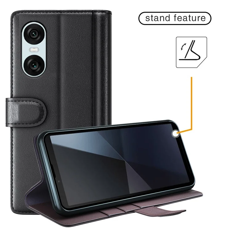 For Sony Xperia 10 VI Case Genuine Split Leather Phone Cover with Wallet Stand - Black