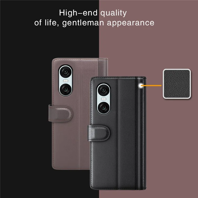 For Sony Xperia 10 VI Case Genuine Split Leather Phone Cover with Wallet Stand - Black