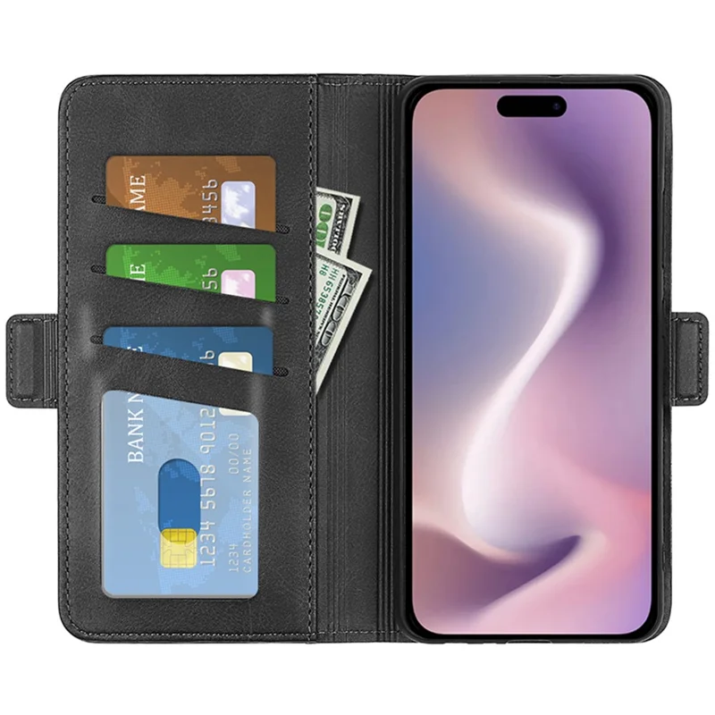 For iPhone 16 Pro Case Leather Wallet Folio Flip Protective Phone Cover - Black