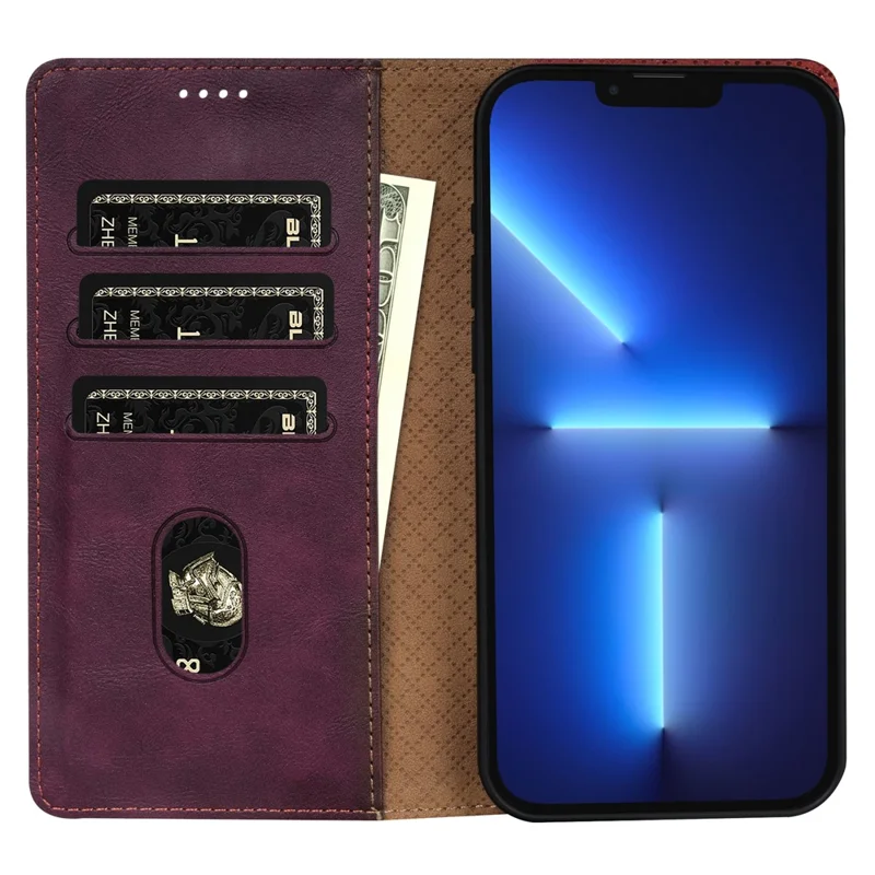 N.BEKUS CSJ-001 For iPhone 13 Pro Max Case Solid Color Leather Wallet Phone Cover   Distributors - Wine Red